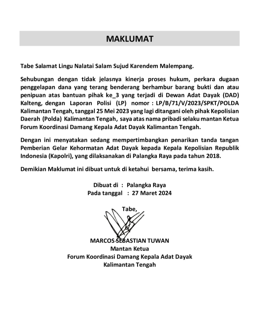 Lama Bergulir, Kasus Penggelapan Dana di DAD Kalteng Belum Ada Penetapan Tersangka