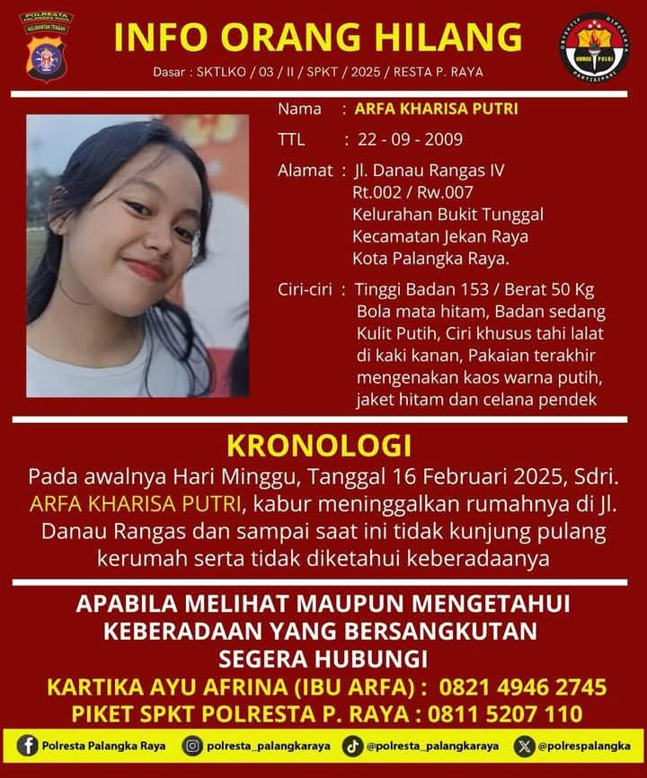 Info Orang Hilang: Arfa Kharisa Putri, Warga Palangka Raya