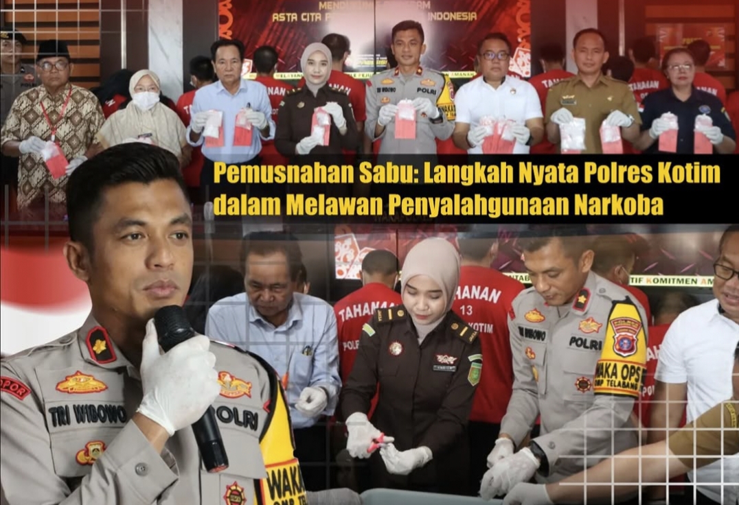 Sejumlah petugas kepolisian Polres Kotim dan instansi terkait sedang melaksanakan pemusnahan barang bukti narkotika jenis sabu seberat 356,44 gram dengan cara dilarutkan dalam air bercampur bahan kimia.
