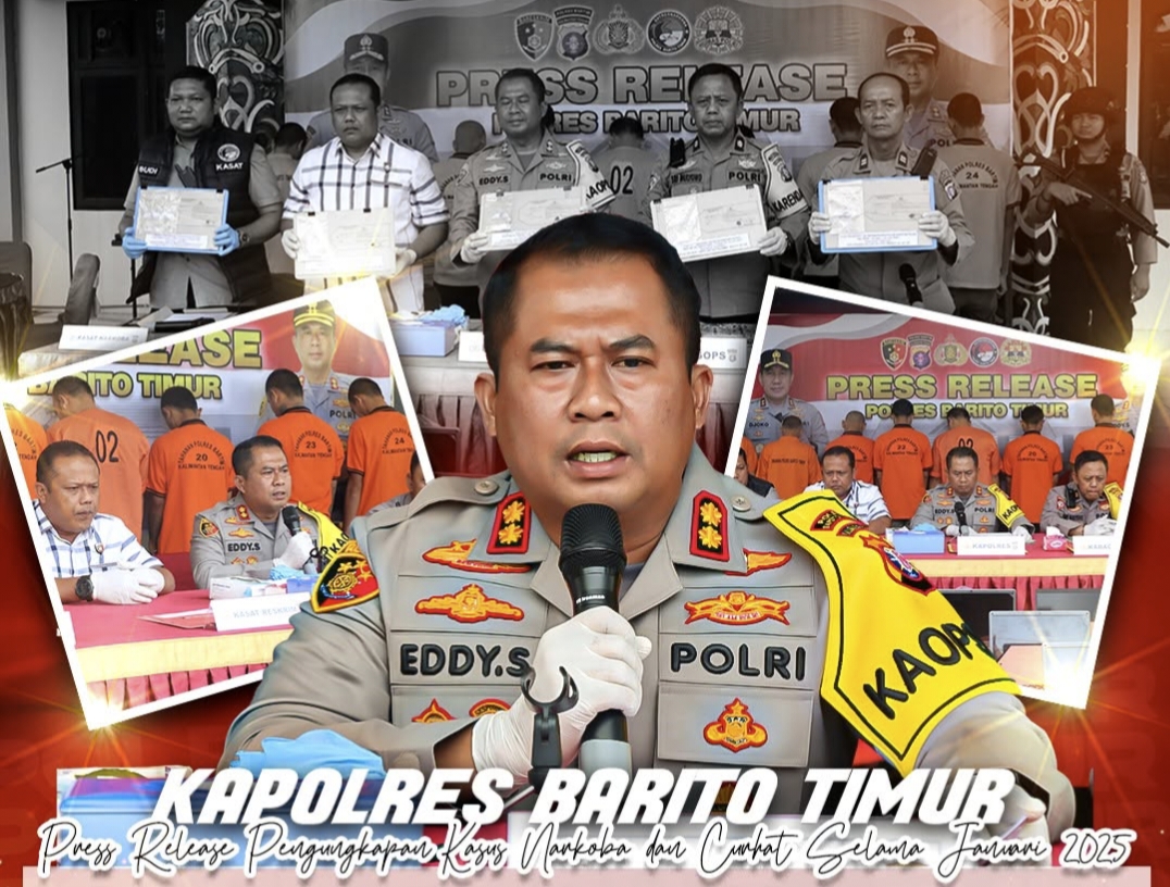 Kapolres Barito Timur, AKBP Eddy Santoso, S.I.K., M.H., menggelar press release pengungkapan kasus narkoba dan pencurian dengan pemberatan (Curat) di Polres Bartim, Februari 2025.
