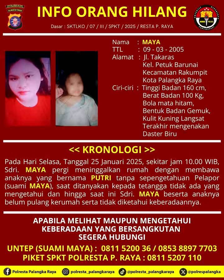 Hilang Tanpa Jejak, Ibu dan Anak di Palangka Raya Dicari Keluarga