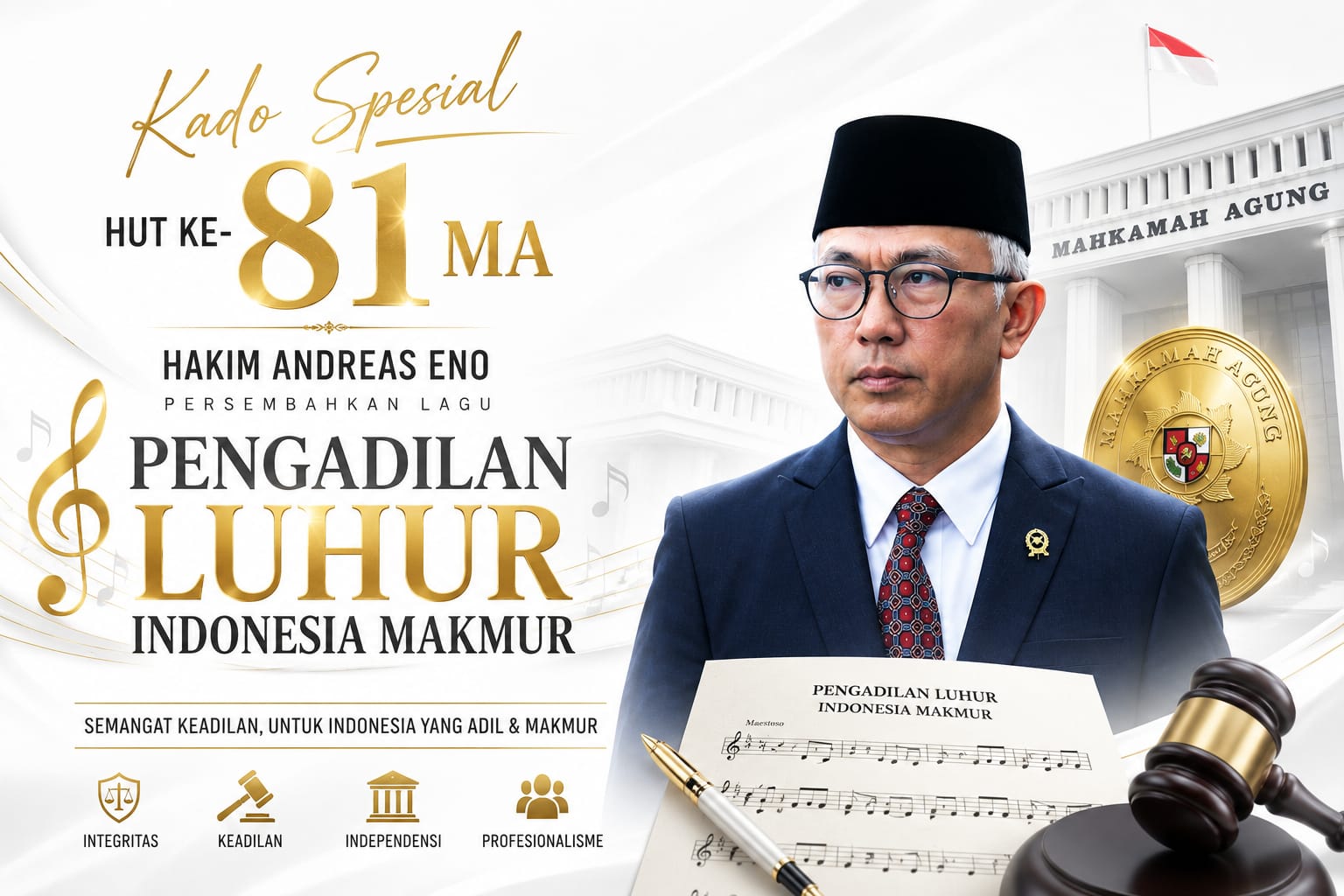 Kado HUT ke-81 MA, Hakim Andreas Eno Persembahkan Lagu “Pengadilan Luhur Indonesia Makmur”