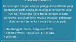 Jadwal Pemadaman Listrik di Palangka Raya, Senin 3 Agustus 2026