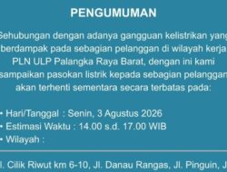 Jadwal Pemadaman Listrik di Palangka Raya, Senin 3 Agustus 2026
