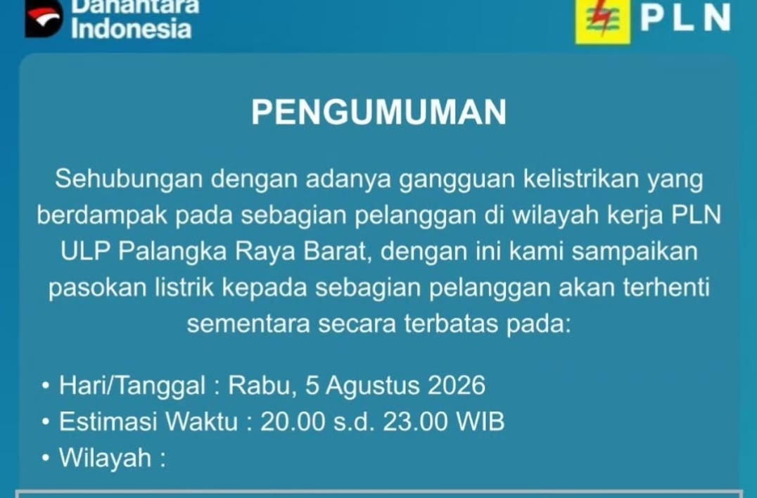 PLN Kembali Umumkan Pemadaman Listrik Bergilir di Palangka Raya, Cek Wilayah Terdampak Disini!