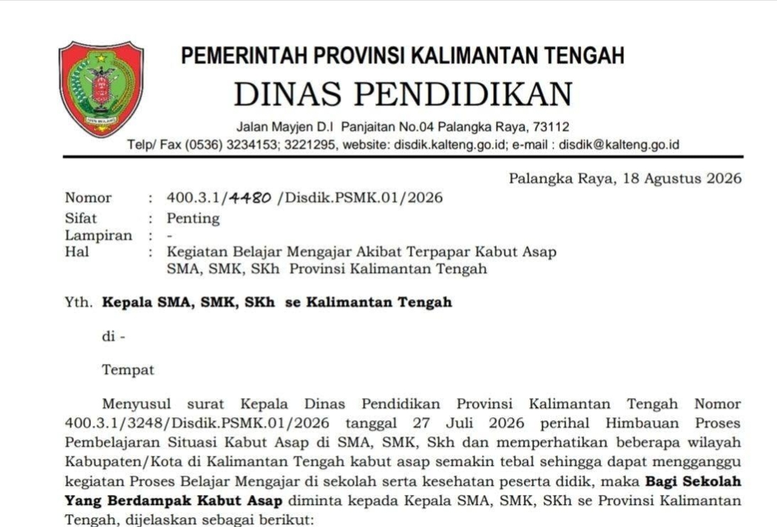 Kabut Asap Tambah Tebal, Jam Belajar SMA, SMK, SKh se-Kalteng Dipangkas