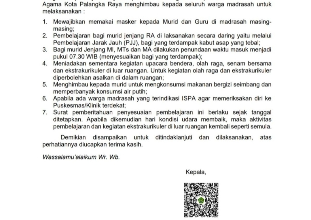 Kabut Asap Makin Mengganggu, Kemenag Palangka Raya Keluarkan Aturan Baru untuk Madrasah